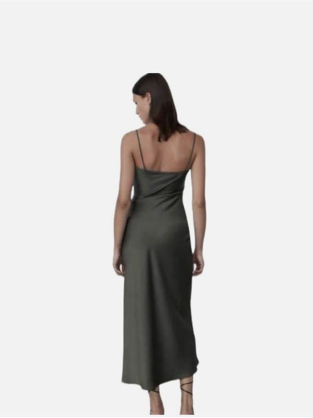 Zara Satin Midi Slip Dress Ruched Side Spaghetti Straps Emerald Green Size XS - Picture 3 of 14